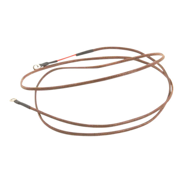 A long brown thermocouple wire with ring terminals on both ends.