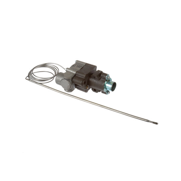 A close-up of a Jade Range gas thermostat with a wire attached.