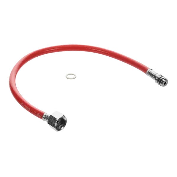 A red Rational hose with a metal nut.