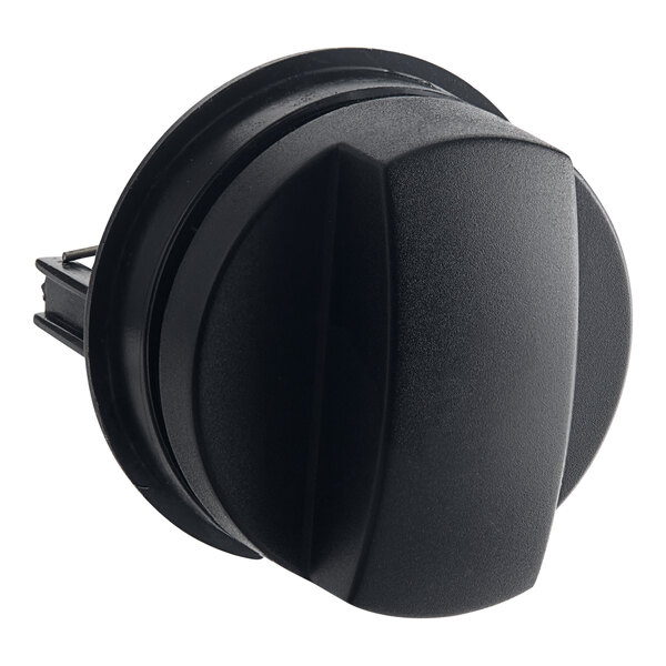 A black plastic knob with a clip on cover.