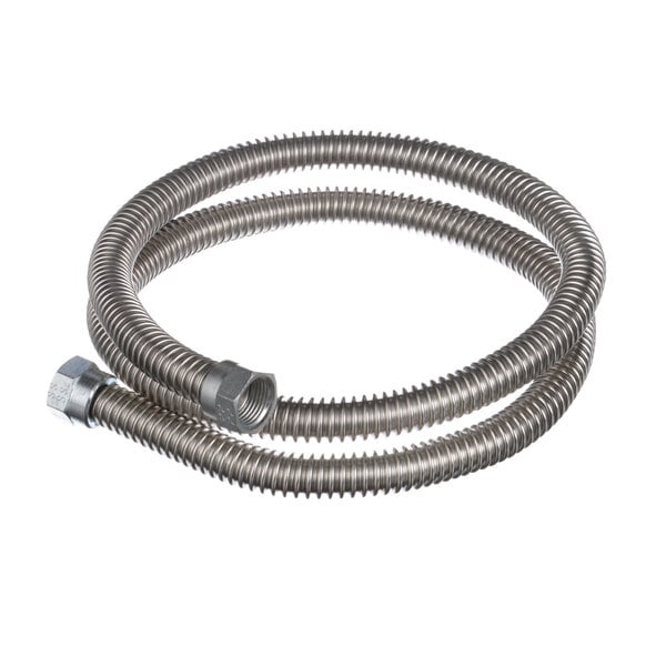 A stainless steel flexible gas hose with a metal nut.