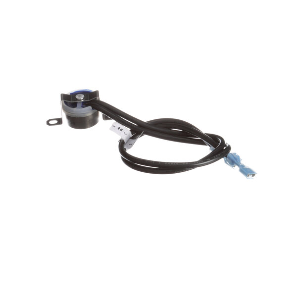 A black electrical wire with blue and white connectors.