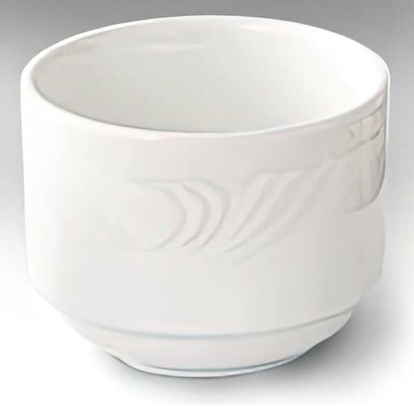 A CAC super white porcelain bouillon bowl with a design on it.