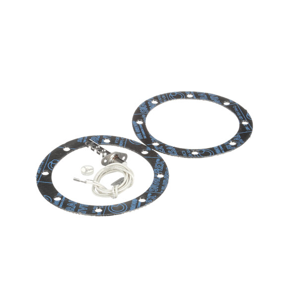 An Henny Penny ignition electrode with a round metal ring and blue and white gaskets.