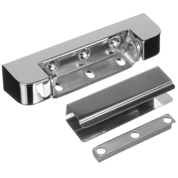 A chrome steel Component Hardware Edgemount hinge with two holes.