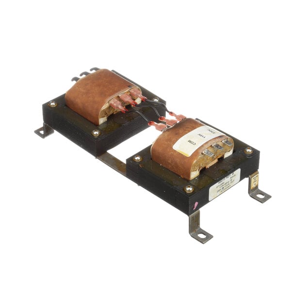 A close-up of a Blodgett R9213 transformer with two metal wires.