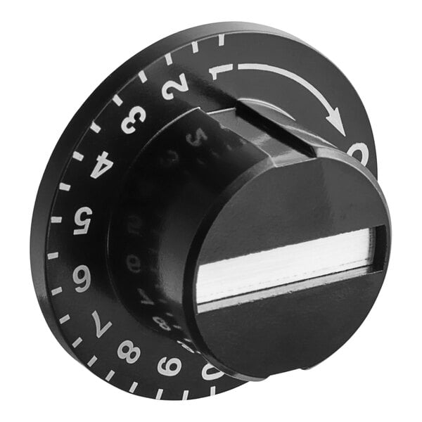 A black Metro thermostat knob with white numbers.