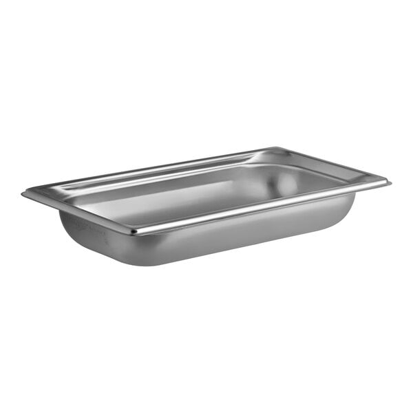 A silver stainless steel Metro water pan with a handle.