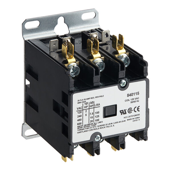 A black and gold Vulcan 00-840115 contactor with three wires.