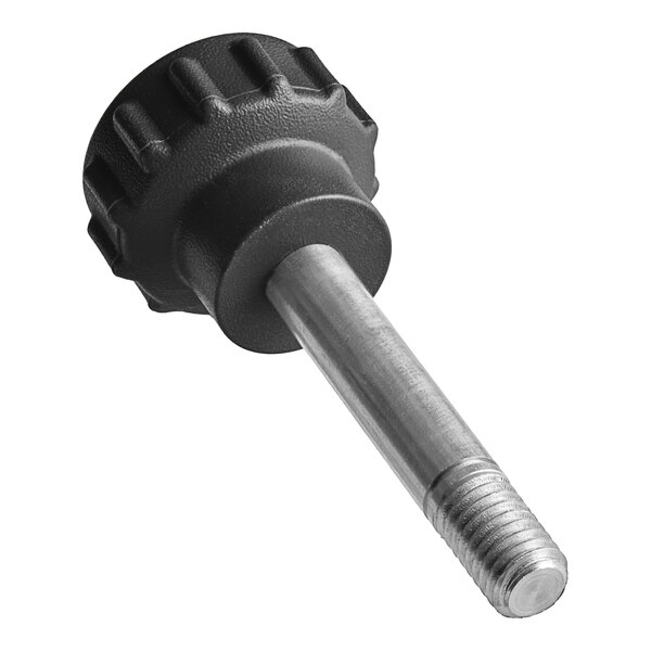 A black and silver screw with a black plastic knob on the end.