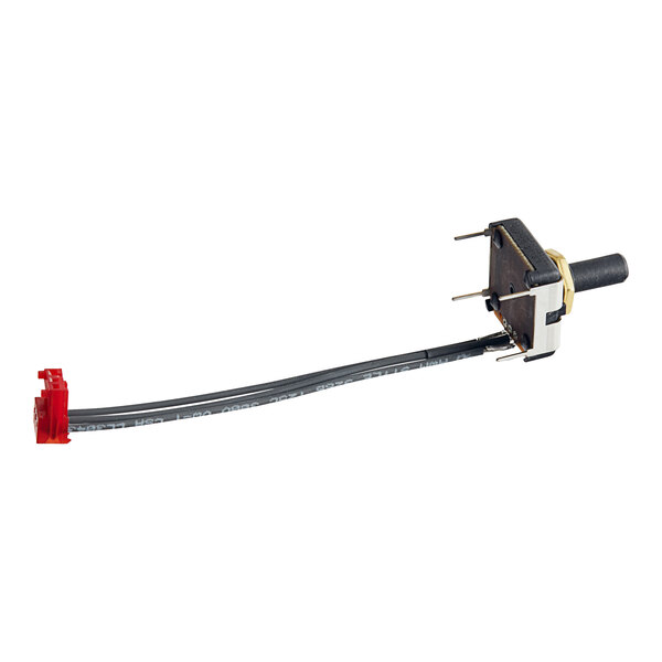 A close-up of a red and black Hobart potentiometer switch with a red wire.