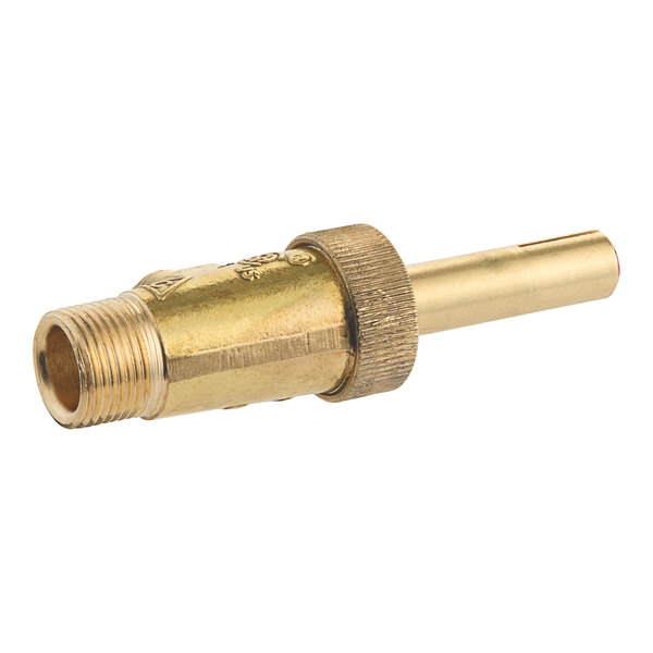A brass threaded hose fitting with a brass nozzle.