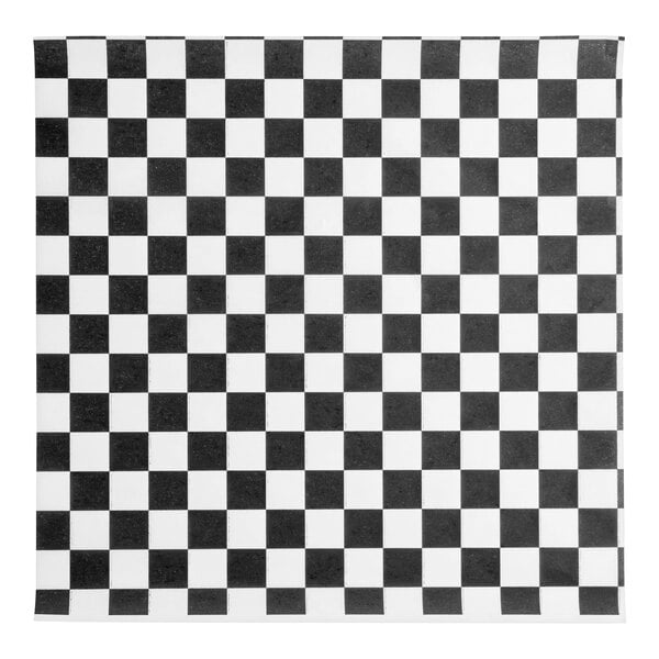 A sheet of black and white checkered deli sandwich wrap paper.
