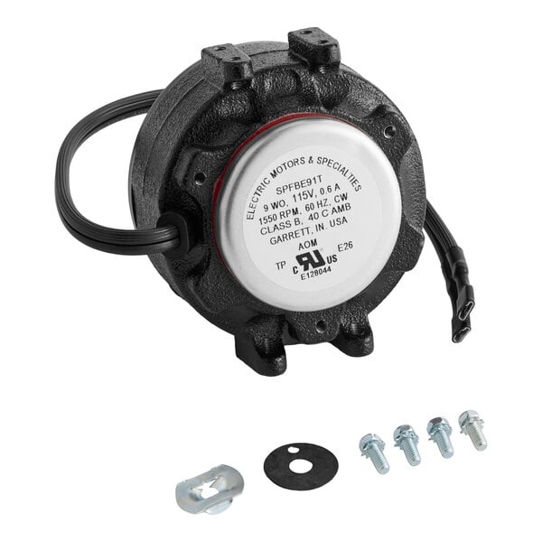 A black electric motor with a white label, attached wiring, and several mounting hardware pieces including screws, a washer, and a metal bracket.
