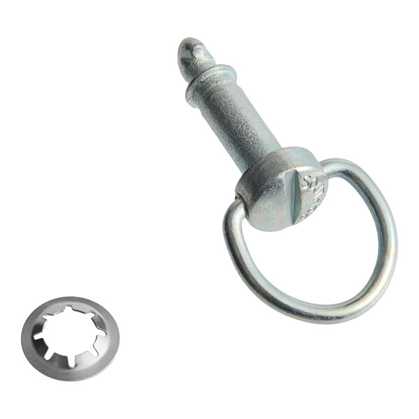 A metal ring fastener kit consisting of a pin with a D-ring and a star washer.