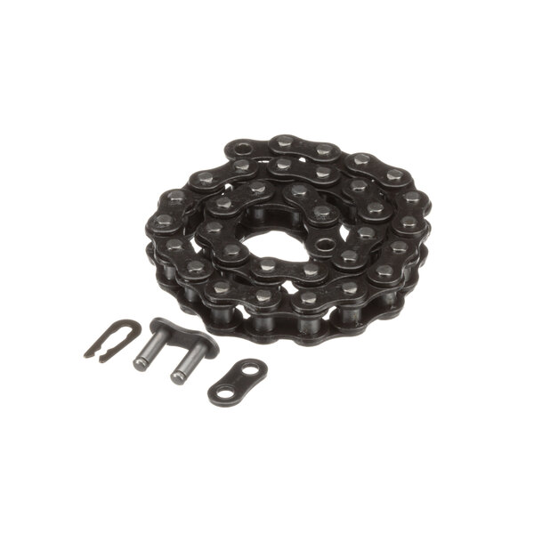 A close-up of a Lincoln #35 roller chain with two nuts and a bolt.