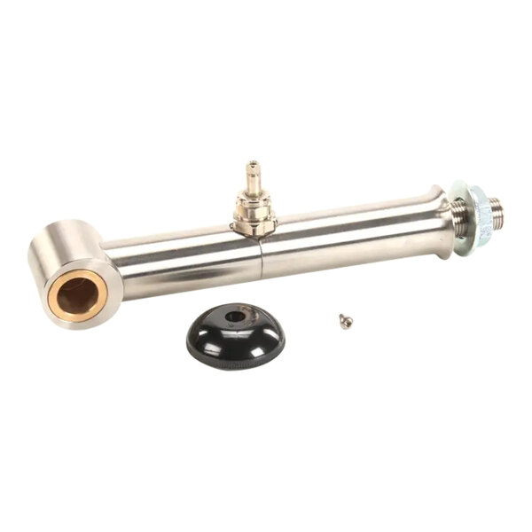 A metal leg assembly with an integrated valve, accompanied by a black cap and a small screw.