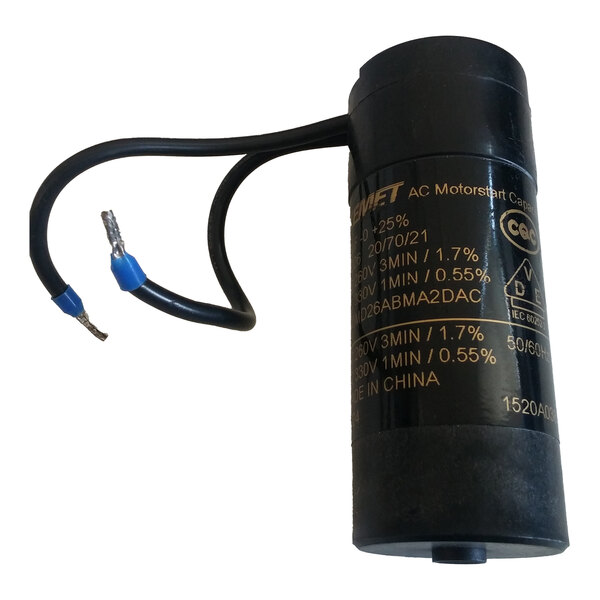 A cylindrical black AC motor start capacitor with two attached wires.
