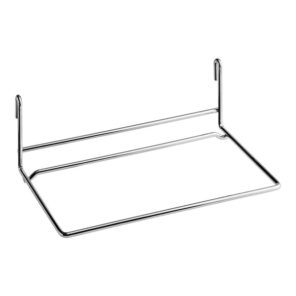 A Metro metal rack for pans on a wall.
