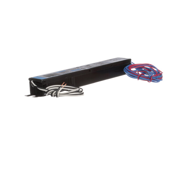 A black rectangular Randell ballast with red and blue wires.