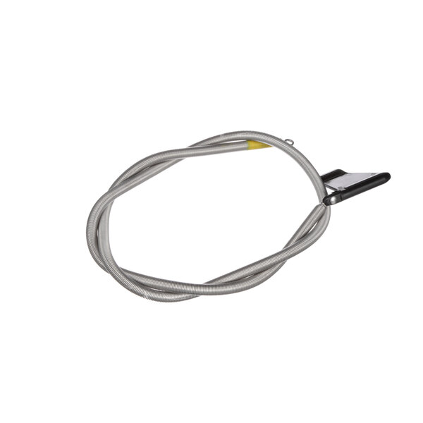 A metal cable with a yellow clip on a white background.