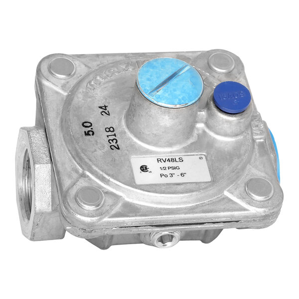 A silver metal Imperial gas regulator with blue knobs.