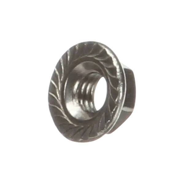 A close-up of a Convotherm toothed lock washer, a silver metal nut with a spiral design.