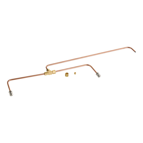 A copper pipe with two brass connectors and screws.
