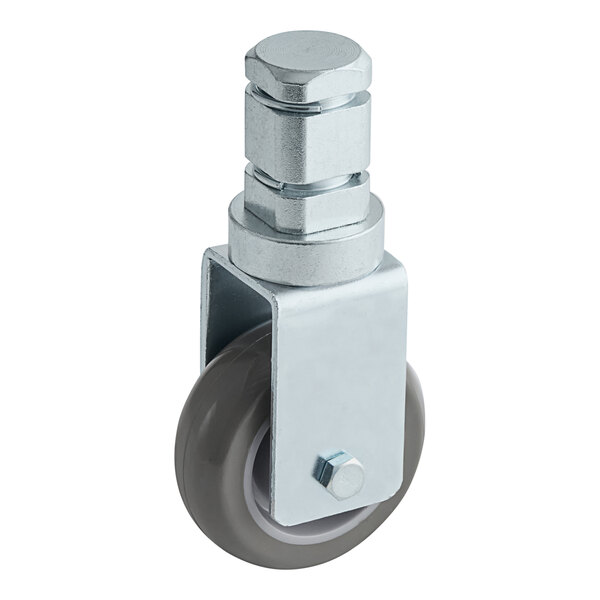 A metal caster wheel with a grey rubber tread and a metal post.