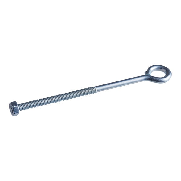 A long metal Cleveland Eye Bolt with a nut on a white background.