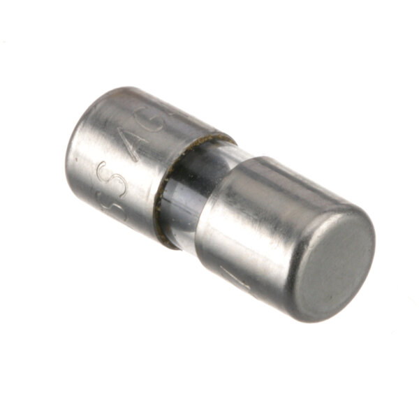 A close-up of a silver metal cylinder with a small hole.