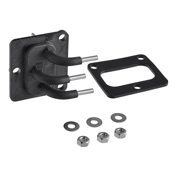 A black metal Cleveland steam equipment mounting plate with metal parts and holes.