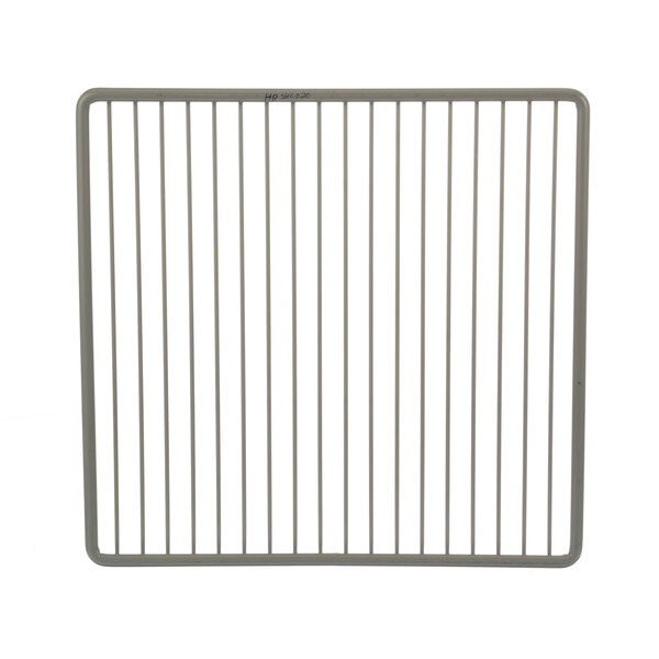 A metal shelf with bars on it.