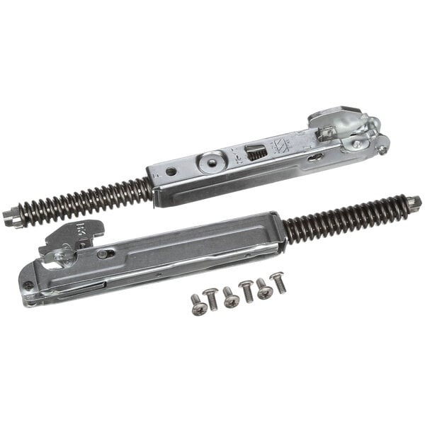 A pair of metal Cadco door hinges with screws and bolts.