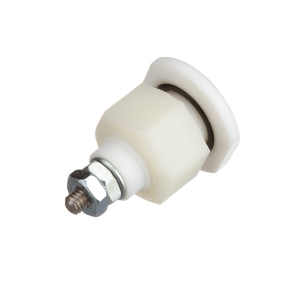 A Groen white plastic and metal bolt with a screw on it.