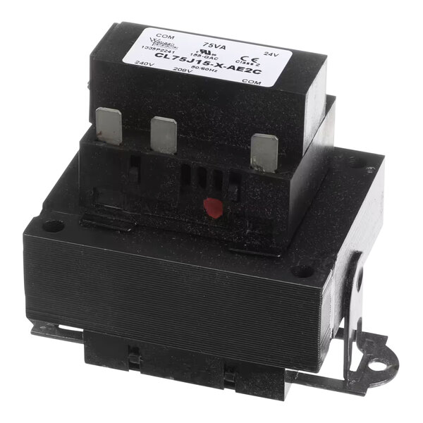 A black electrical transformer labeled for 75VA and 208/240V input.