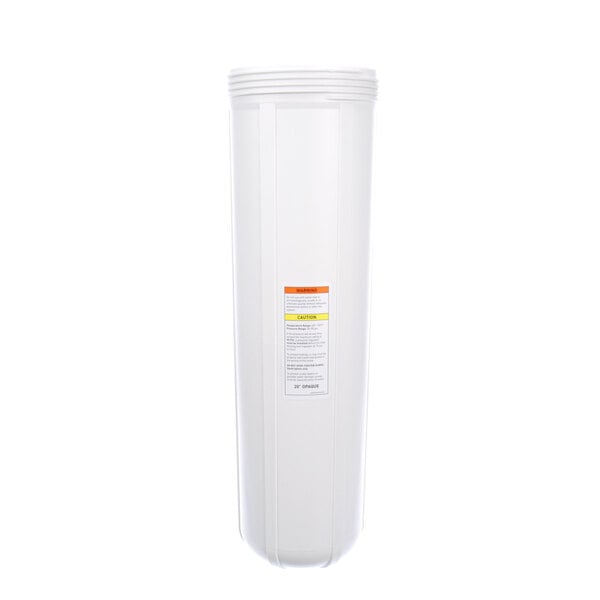 A white Everpure water filter container with a yellow label.