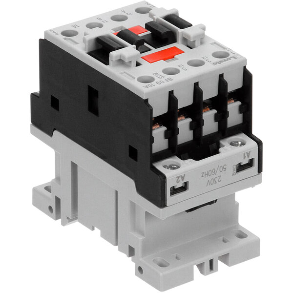 A grey Jet Tech contactor with two red switches and black and white electrical components.