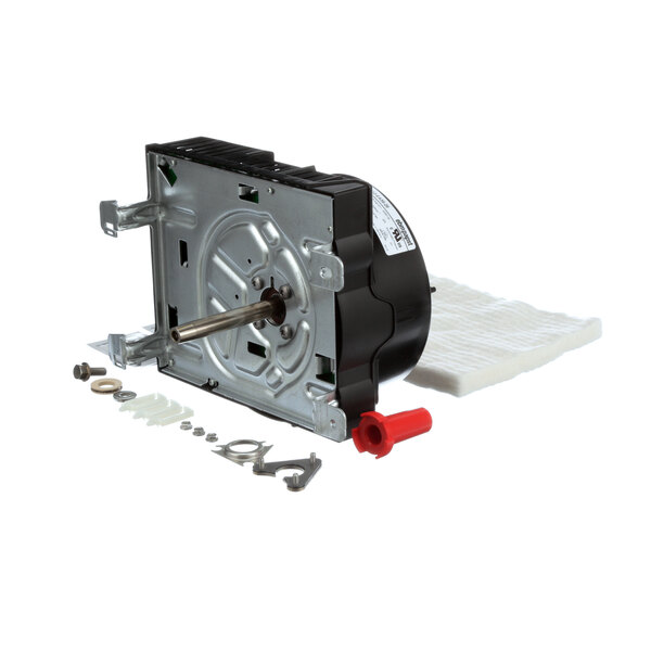 A small black and silver Rational fan motor with screws.