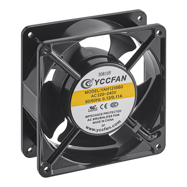 A black Vollrath fan with yellow blades.