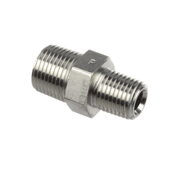 A stainless steel Blodgett Nipple Bracket threaded male fitting.