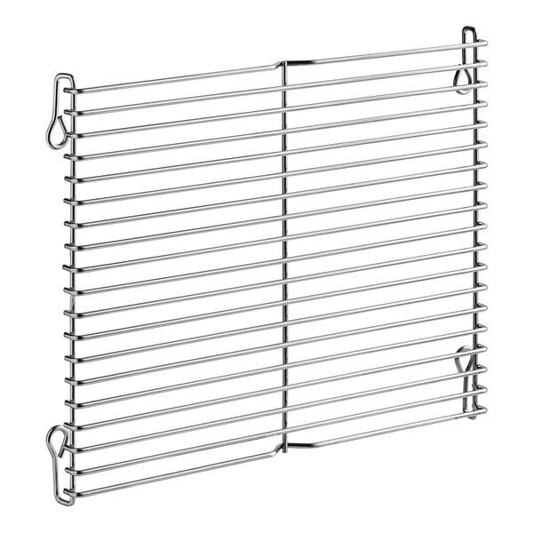 A stainless steel Cleveland wire rack with a handle.