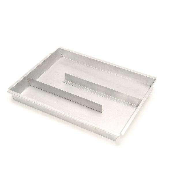 A silver rectangular metal drip pan with two handles.