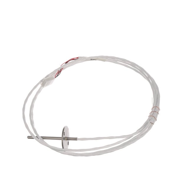 A close-up of a white wire with a red connector.