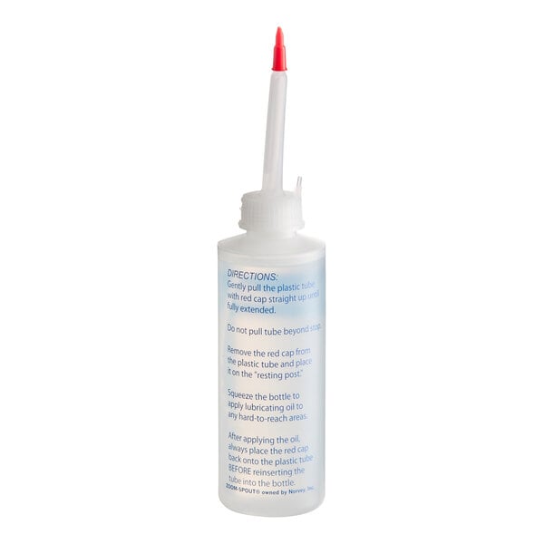 A plastic squeeze bottle with a long, narrow spout and a red cap, featuring printed directions on the side.