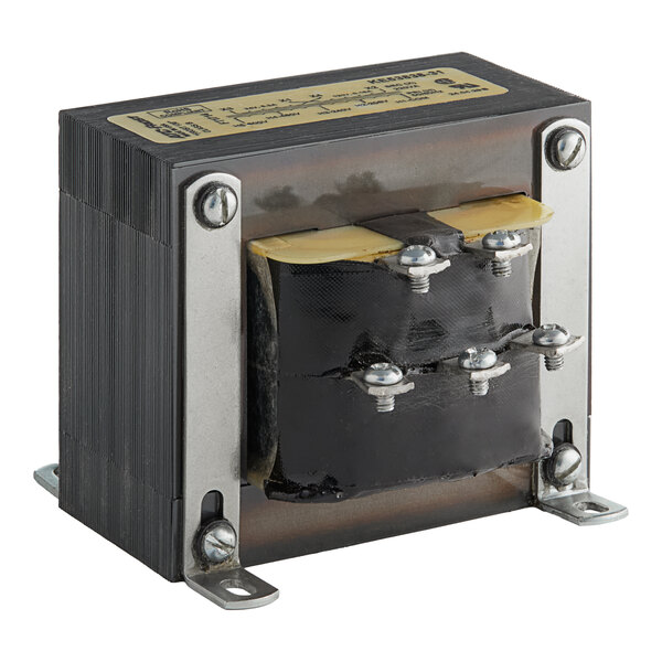 A black transformer with silver metal corners on a black box.