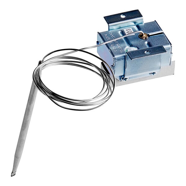 A Cleveland metal thermostat with a wire attached.