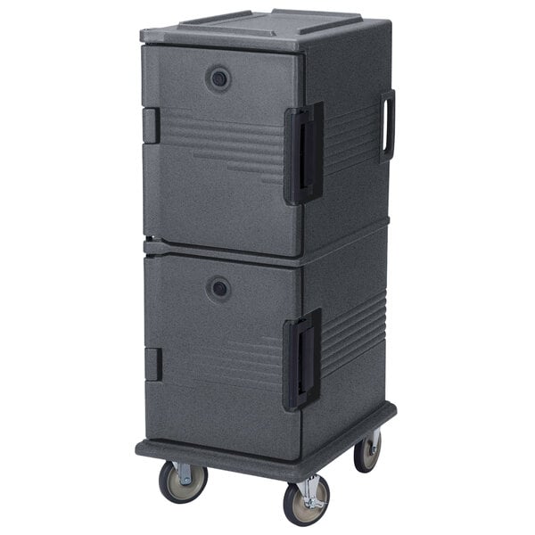 A granite gray Cambro food pan carrier with heavy-duty casters.