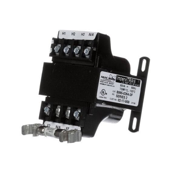 A black Hatco transformer with metal wires.