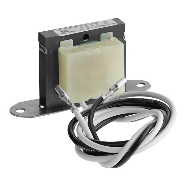 A close-up of a black and white Metro RPC13-183 transformer with wires.